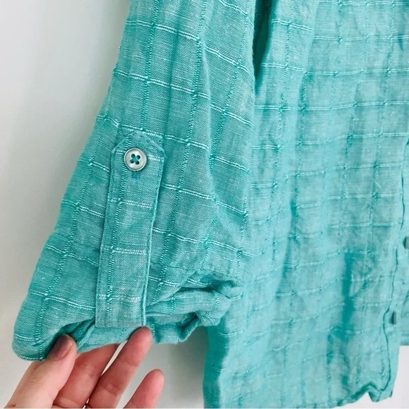 Kim Rogers Linen/Cotton 3/4 Sleeve Button Down Shirt Turquoise - Picture 6 of 14